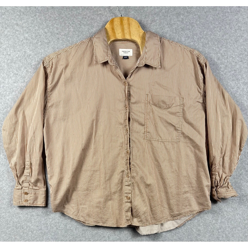 American Eagle Button Down Shirt Womens XL Tan Striped Excellent Long Sleeve